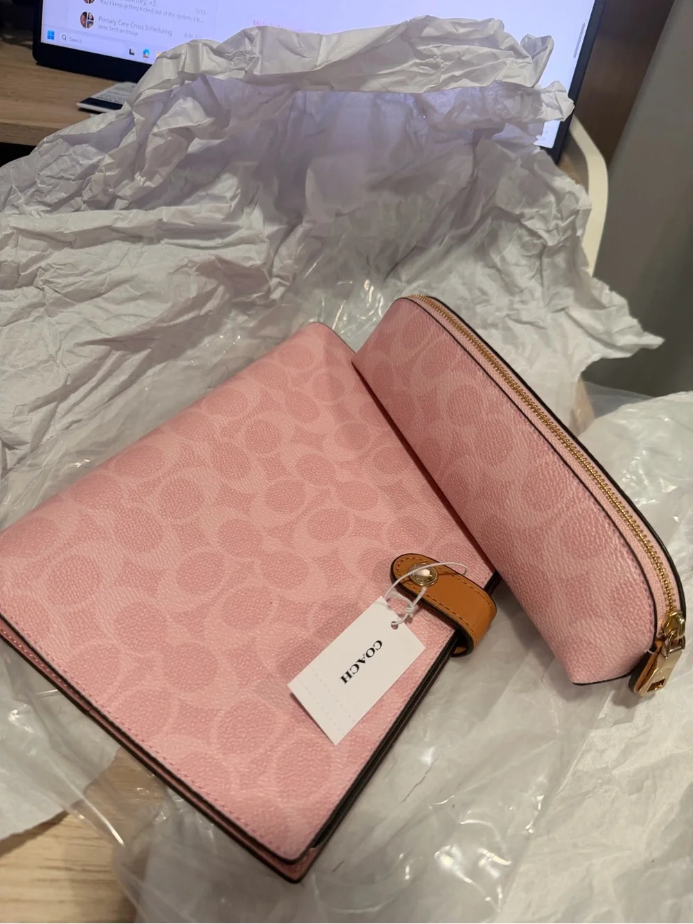 Coach Pink Signature Canvas Folio with Matching Notebook and pencil case